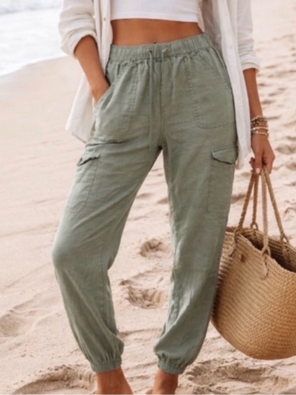 Khaki linen joggers by Nicole Miller size Large